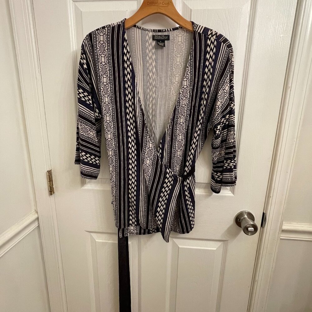 Lucky Brand Wrap 3/4 Bell Sleeve Wrap Top Multi Color Stripes size S Boho